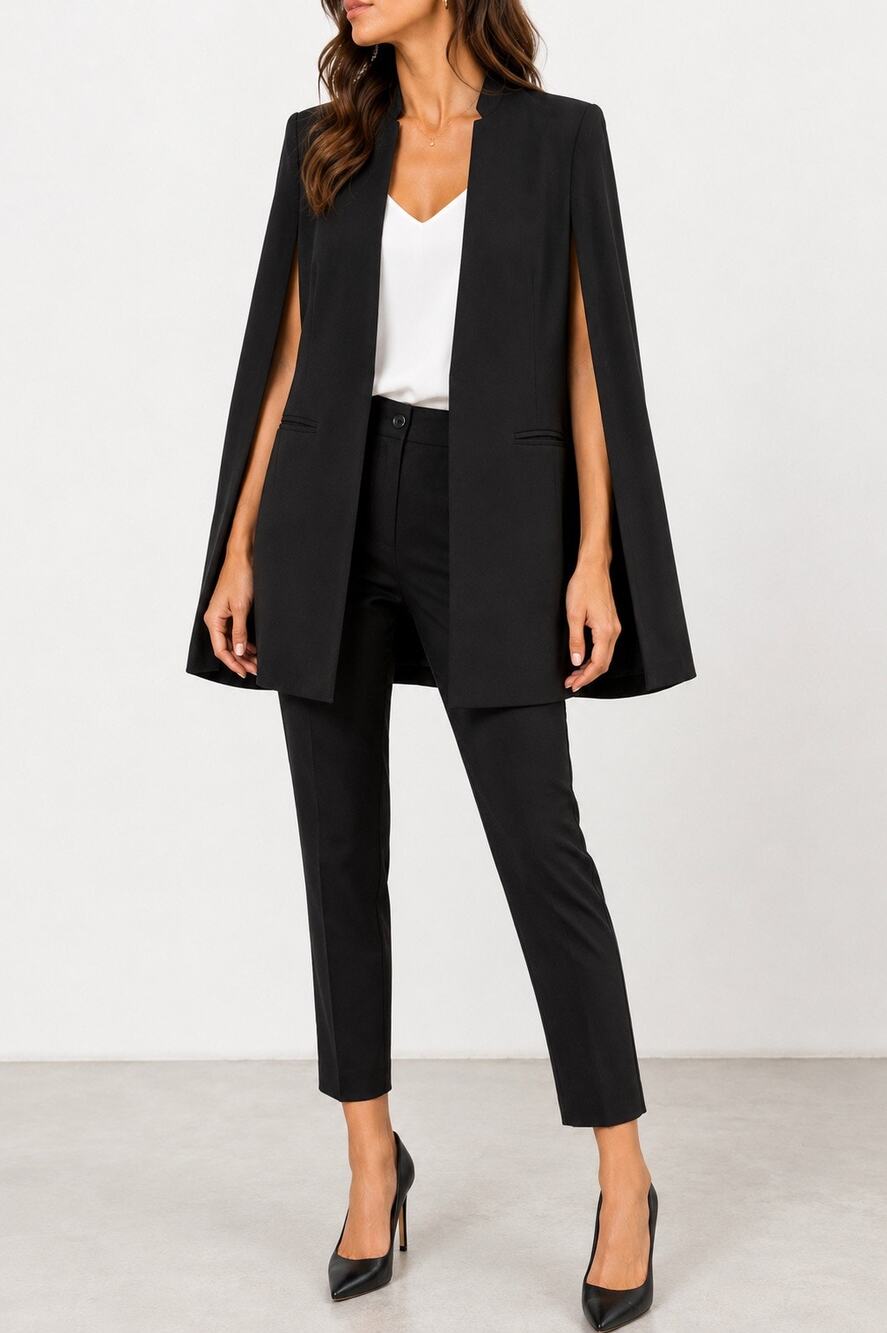 NWT HAODUOYI Women's Black Cape Blazer Open Front Lined Jacket Size 8 Evening